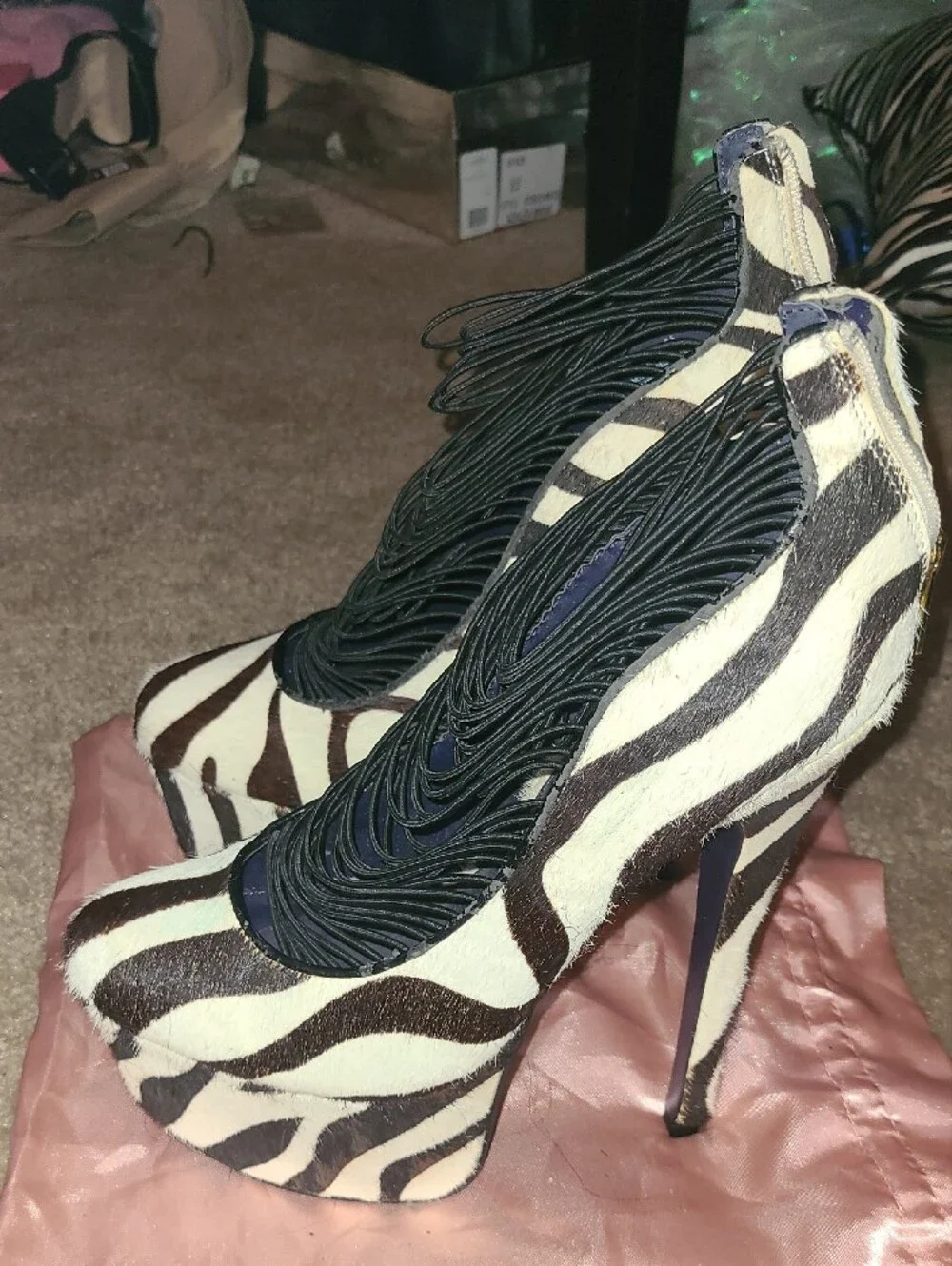 Zebra Print Platform Stiletto Pump with Black Strappy Upper